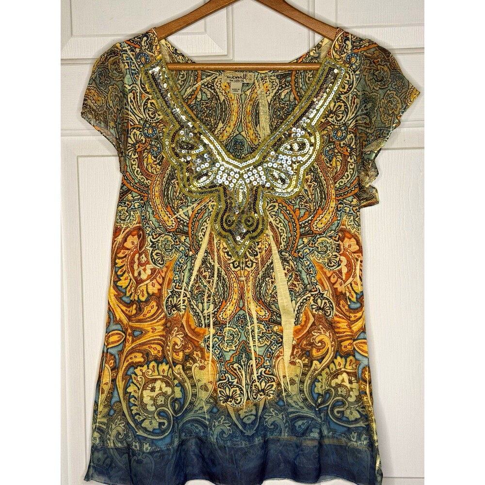 One World Live And Let Live Paisley Y2K Bohemian Style Chiffon Sequin V-Neck L